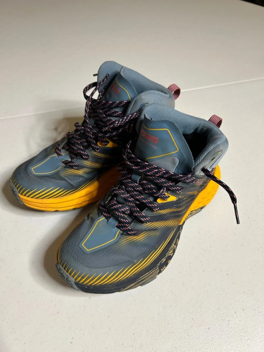 Hoka One One Gray and Yellow Trail Running Shoes SIZE 7